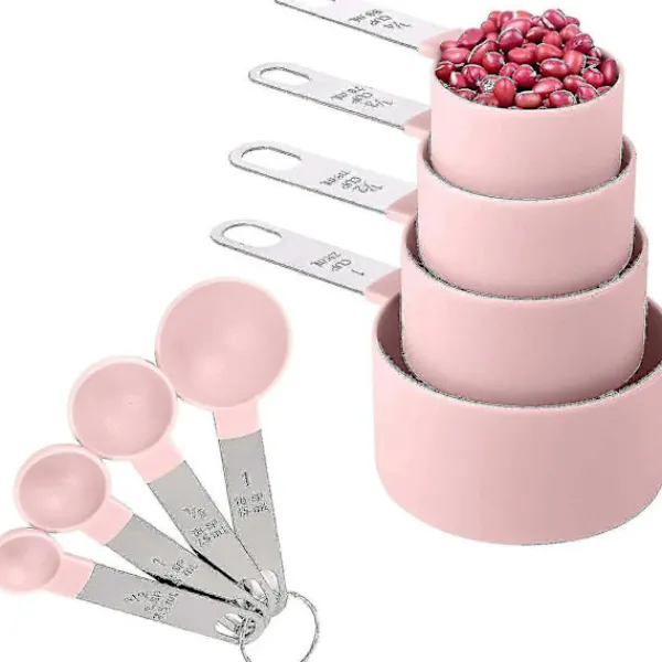 Matgrupper>8 Delars Måttsats med Måttkoppar och Måttskedar / Stapelbara Måttkoppar med Rostfritt Stålhandtag / För Torra och Flytande Ingredienser (rosa)