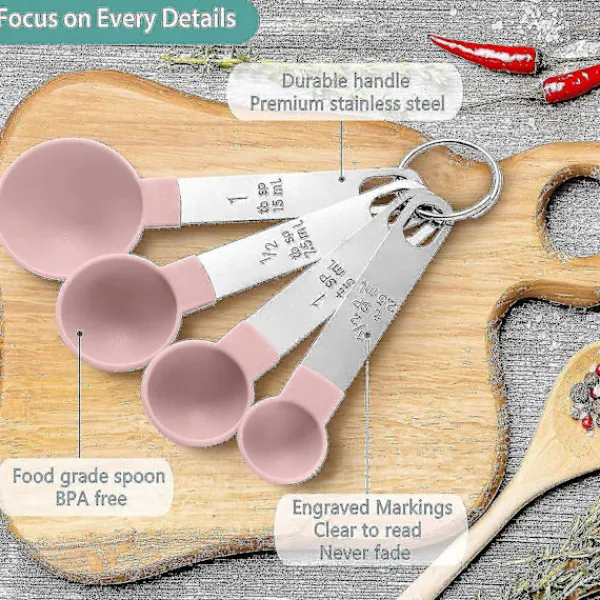 Matgrupper>8 Delars Måttsats med Måttkoppar och Måttskedar / Stapelbara Måttkoppar med Rostfritt Stålhandtag / För Torra och Flytande Ingredienser (rosa)