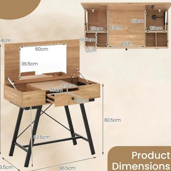 COSTWAY Sminkbord>2 i 1 Sminkbord med Spegel , Laddstation, Makeupbord med Fällbar Top, Låda, 6 Fack,