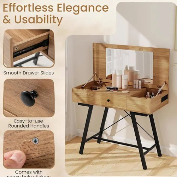 COSTWAY Sminkbord>2 i 1 Sminkbord med Spegel , Laddstation, Makeupbord med Fällbar Top, Låda, 6 Fack,