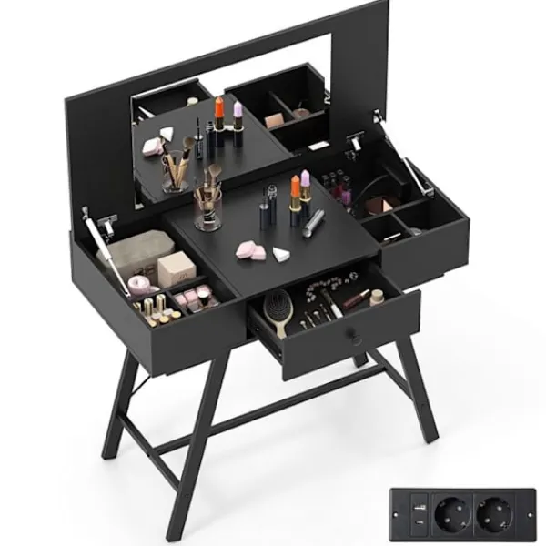 COSTWAY Sminkbord>2 i 1 Smyckebord med Spegel , Laddningsstation, Makeupbord med Fällbart Lock, Låda, 6 Fack,