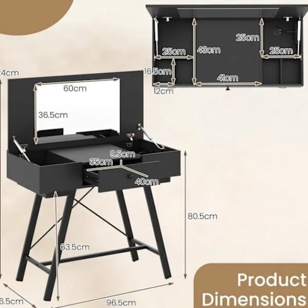 COSTWAY Sminkbord>2 i 1 Smyckebord med Spegel , Laddningsstation, Makeupbord med Fällbart Lock, Låda, 6 Fack,