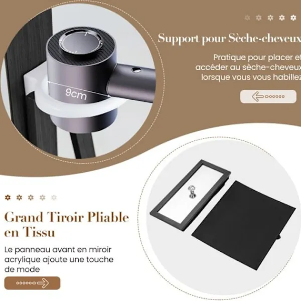 COSTWAY Sminkbord>4 i 1 Snhuvärde med 360° Rotation , LED-lampor och Spegel, Hårfönhållare, Hyllor på baksidan,