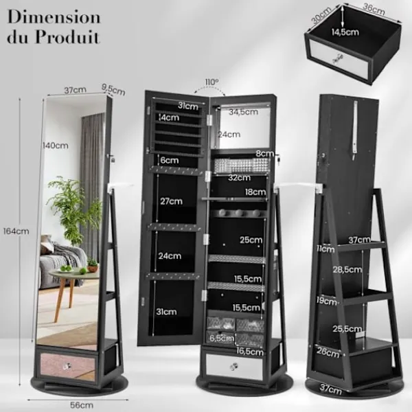 COSTWAY Sminkbord>4 i 1 Snhuvärde med 360° Rotation , LED-lampor och Spegel, Hårfönhållare, Hyllor på baksidan,