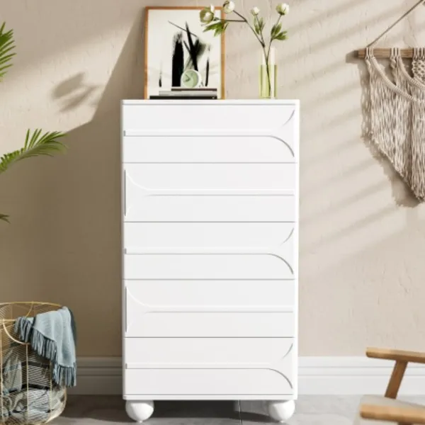 Byråer>5 lådor med elegant präglingsdesign – vita metallfötter, rymlig förvaring, rundade hörn
