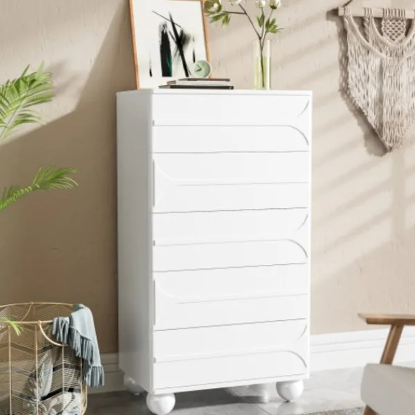 Byråer>5 lådor med elegant präglingsdesign – vita metallfötter, rymlig förvaring, rundade hörn