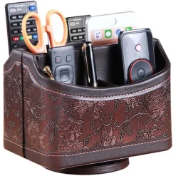 Kontorsmöbler>360° roterande fjärrkontrollhållare, TV-fjärrkontroll i PU-läder skrivbordsorganisatör med 5 fack för TV, DVD, Blu-Ray-fjärrkontroller