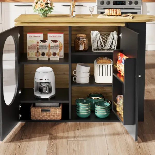 Köksö>360° roterande köksö, 138 cm frukostbar med 3 dörrar, justerbar höjd & stort förvaringsutrymme, vit/svart