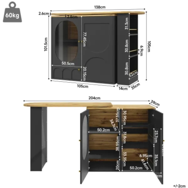 Köksö>360° roterande köksö, 138 cm frukostbar med 3 dörrar, justerbar höjd & stort förvaringsutrymme, vit/svart
