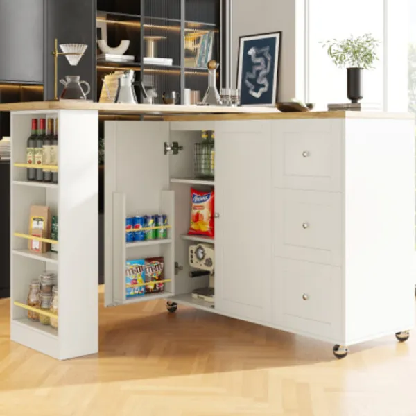 Köksö>360° Roterande Stående Bord på Hjul, 135-203cm med 3 Lådor & Snackhållare, Multifunktionell Vit