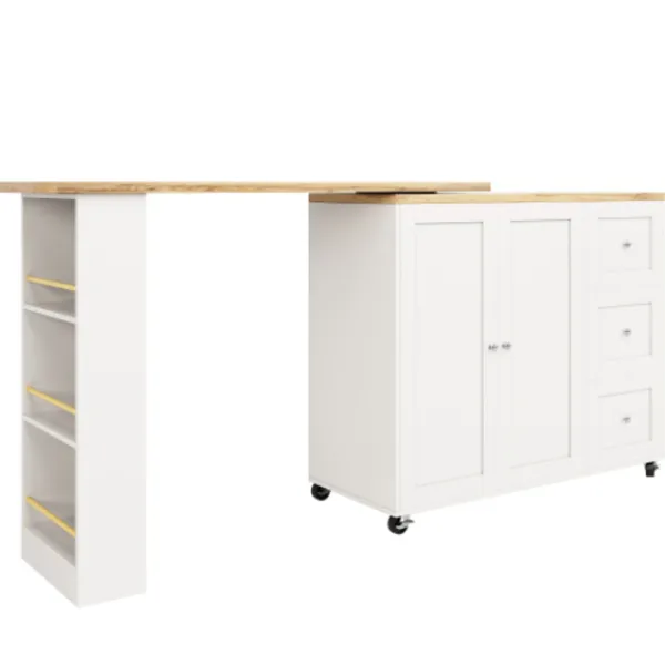 Köksö>360° Roterande Stående Bord på Hjul, 135-203cm med 3 Lådor & Snackhållare, Multifunktionell Vit