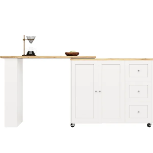 Köksö>360° Roterande Stående Bord på Hjul, 135-203cm med 3 Lådor & Snackhållare, Multifunktionell Vit