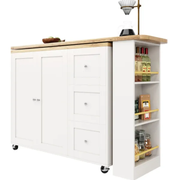 Köksö>360° Roterande Stående Bord på Hjul, 135-203cm med 3 Lådor & Snackhållare, Multifunktionell Vit