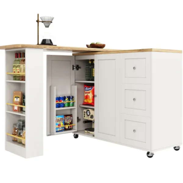Köksö>360° Roterande Stående Bord på Hjul, 135-203cm med 3 Lådor & Snackhållare, Multifunktionell Vit