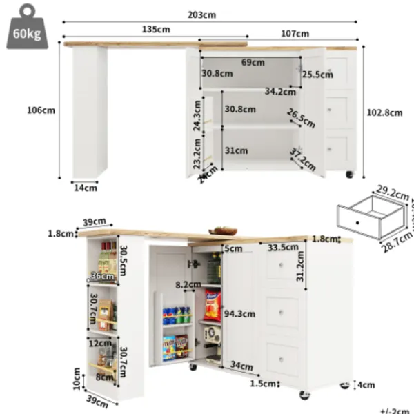 Köksö>360° Roterande Stående Bord på Hjul, 135-203cm med 3 Lådor & Snackhållare, Multifunktionell Vit