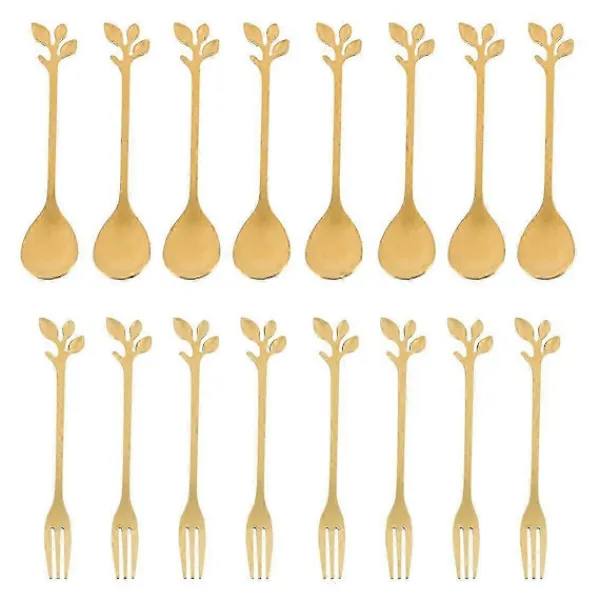 Matgrupper>16 st Dessertsked och Gaffel Set Tårtgaffel Kaffesked Fruktgaffel Rostfritt Stål Guld