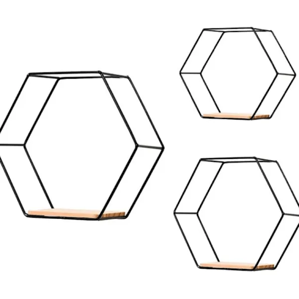Hyllor>3 st Hexagonala Vägghyllor Hängande Hyllor Metall och Trä Flytande Hyllor Hylla Förvaringsorganisatör, Svart