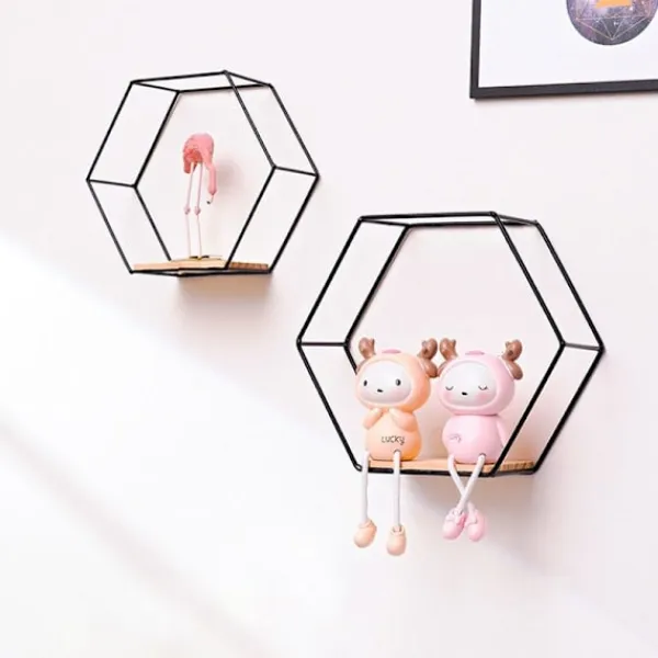 Hyllor>3 st Hexagonala Vägghyllor Hängande Hyllor Metall och Trä Flytande Hyllor Hylla Förvaringsorganisatör, Svart