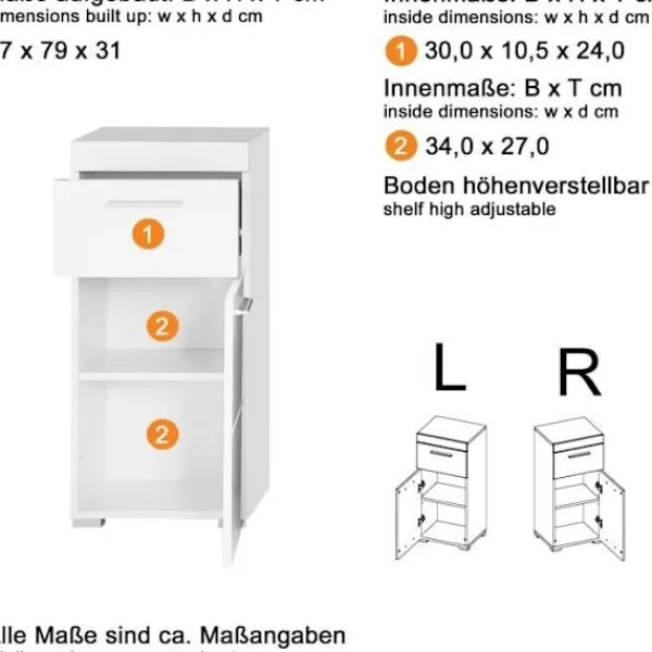 TRENDTEAM Byråer>AMANDA badrumsbasenhet - 1 dörr + 1 låda - Blank vit - L37 x D31 x H79 cm