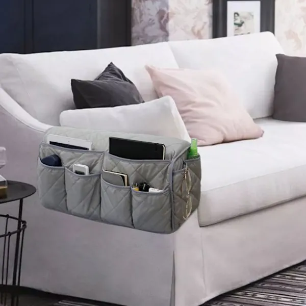 Soffor>Anti-slip armstödsskydd med 8 fickor för soffa, fåtölj Caddy & Organizer för fjärrkontroll armskydd för husdjur, grå