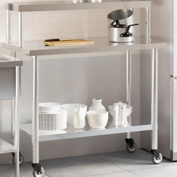 vidaXL Köksö>Arbetsbord med överhylla 110x55x120 cm rostfritt stål