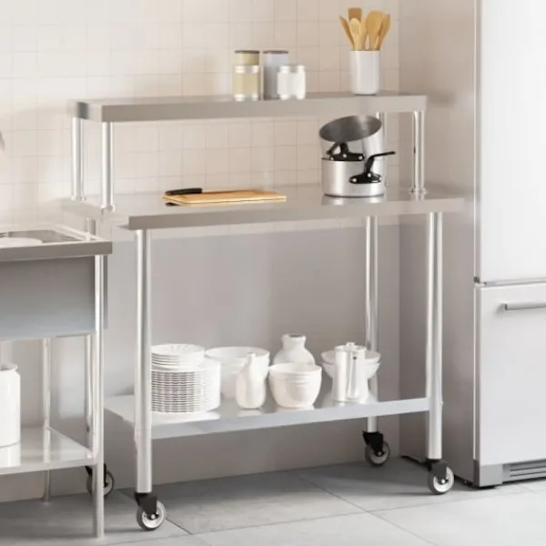vidaXL Köksö>Arbetsbord med överhylla 110x55x120 cm rostfritt stål