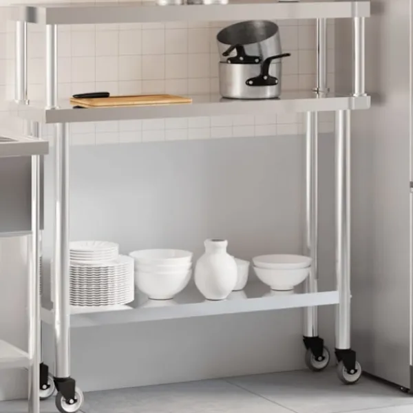 vidaXL Köksö>Arbetsbord med överhylla 110x30x120 cm rostfritt stål