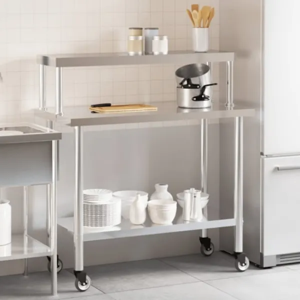 vidaXL Köksö>Arbetsbord med överhylla 110x55x120 cm rostfritt stål