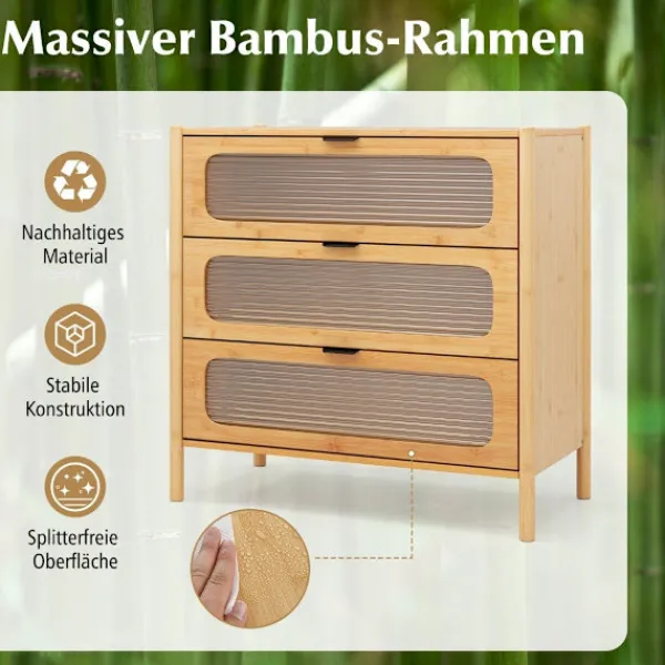 Northix Byråer>Bambu skänk med 3 lådor, fronter i härdat glas