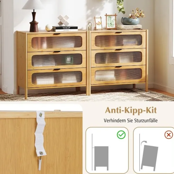 Northix Byråer>Bambu skänk med 3 lådor, fronter i härdat glas