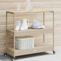 vidaXL Sideboards>Barvagn 3 hyllor beige konstrotting och massivt akaciaträ