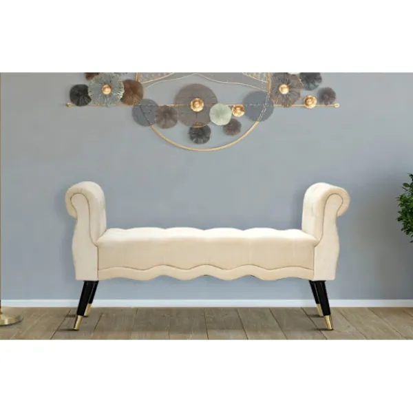 B2X Balkongmöbler>Bänk i krämfärgad sammet, guldfinish, 120x40x60 cm