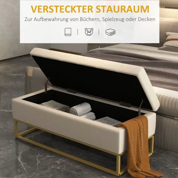 Northio Kistor & Koffertar>Bänk Med Förvaringsutrymme, Stoppad Bänk Med Fällbart Lock I Sammetslook, Sängbänk Med Stålben, Beige, 110X44X49Cm