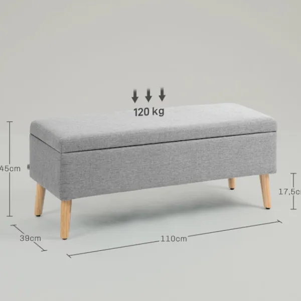 Northio Kistor & Koffertar>Bänk stoppad bänk med förvaringsutrymme sängbänk med linnelook för hall sovrum vardagsrum gummi trä grå 110 x 39 x 45 cm