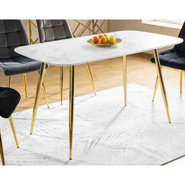 AC-DÉCO Matbord>Bord rektangulärt marmor effekt i trä - Fyra ben i guldmetall - 6 platser - L 140 cm x P 80 cm x H 75 cm