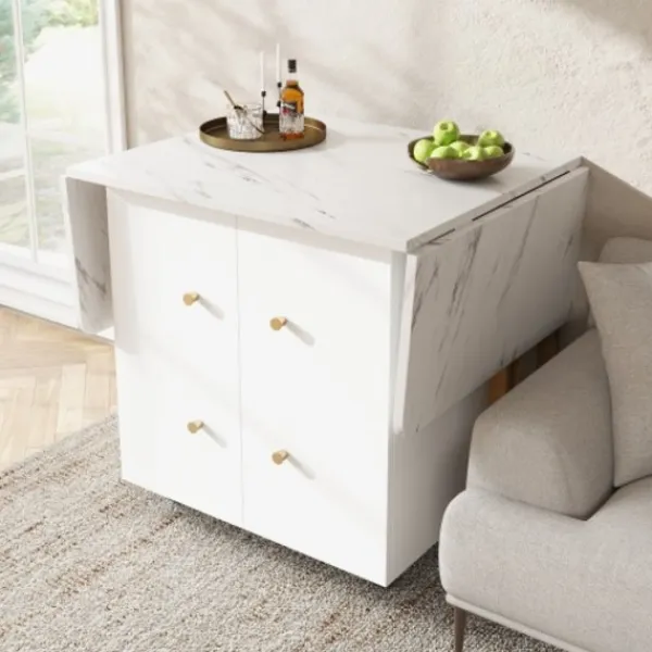 Sideboards>Bärbart hopfällbart bord med marmoroptik – multifunktionellt matbord med gyllene ben & hjul