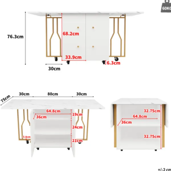 Sideboards>Bärbart hopfällbart bord med marmoroptik – multifunktionellt matbord med gyllene ben & hjul