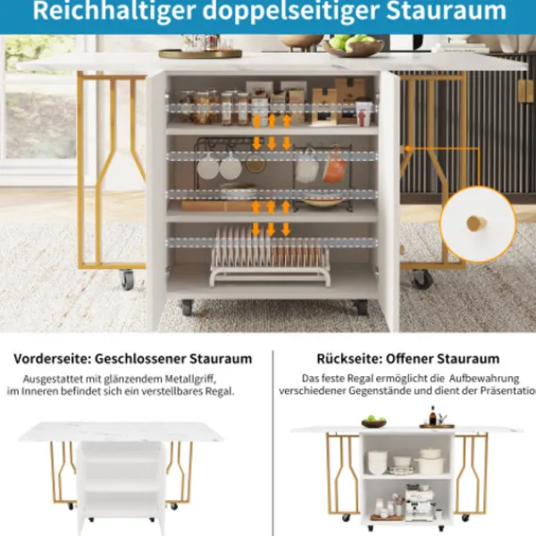 Sideboards>Bärbart hopfällbart bord med marmoroptik – multifunktionellt matbord med gyllene ben & hjul