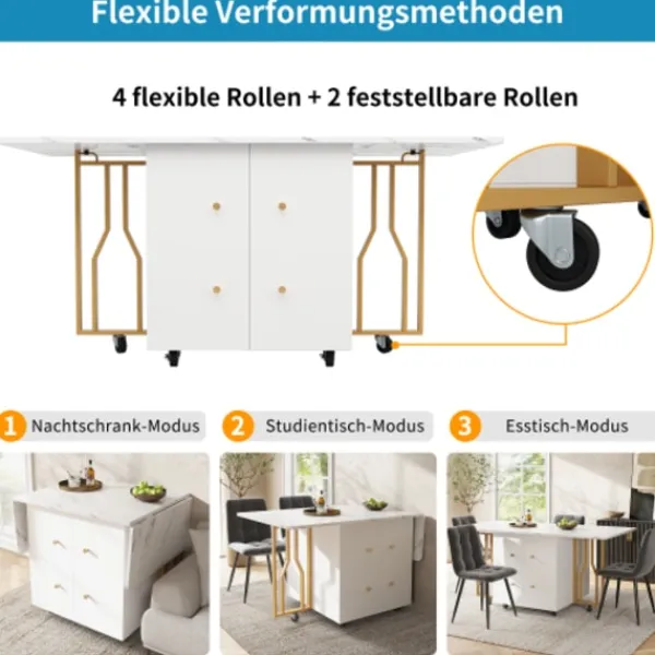 Sideboards>Bärbart hopfällbart bord med marmoroptik – multifunktionellt matbord med gyllene ben & hjul
