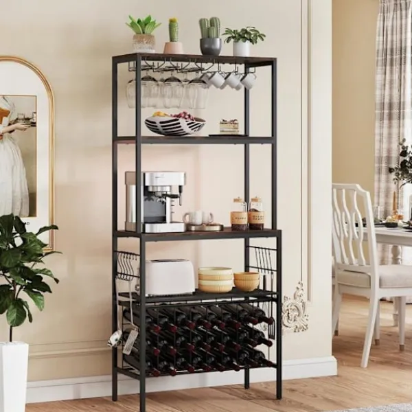 COSTWAY Sideboards>Buffé av kök 165 cm Multi-Nivåer , Strömuttag, Stöd för glas och muggar, 24 Flaskhyllor, 8 Krokar