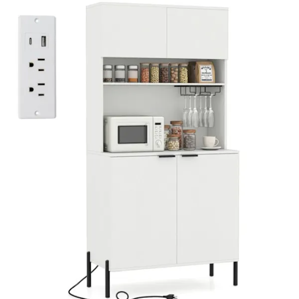 COSTWAY Sideboards>Buffé i kök 164CM , Laddstation, Vinglasställ, Buffé med Dörrar, Justerbar Hylla, för Salong Bar,