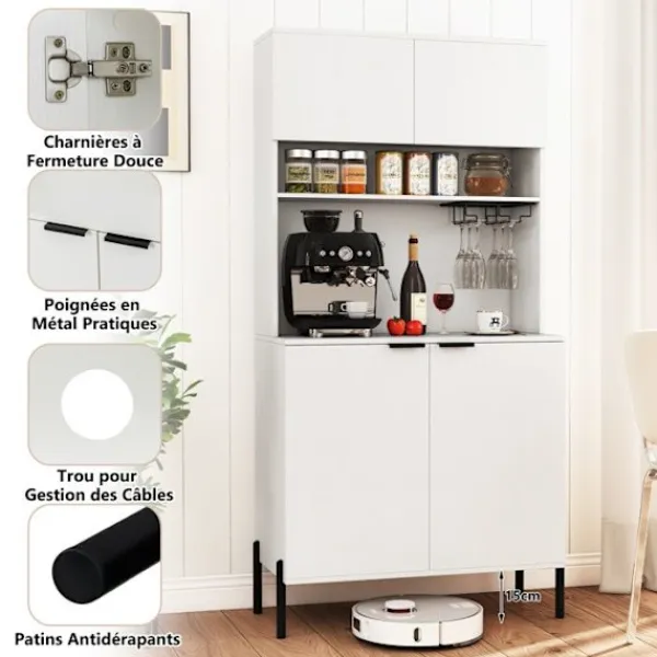 COSTWAY Sideboards>Buffé i kök 164CM , Laddstation, Vinglasställ, Buffé med Dörrar, Justerbar Hylla, för Salong Bar,