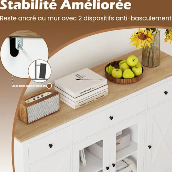 COSTWAY Sideboards>Buffé i köket 140CM , 3 Lådor, 2 Vitrindörrar, Justerbara Hyllor, Kaffebar Möbel för Matsal Vardagsrum Vit
