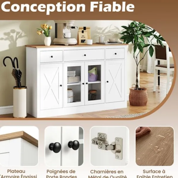COSTWAY Sideboards>Buffé i köket 140CM , 3 Lådor, 2 Vitrindörrar, Justerbara Hyllor, Kaffebar Möbel för Matsal Vardagsrum Vit