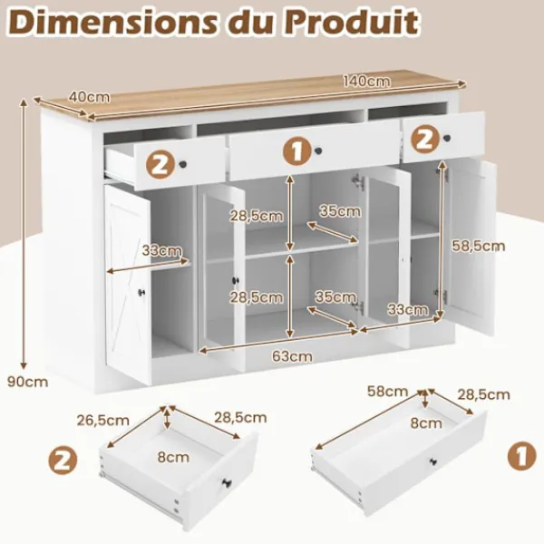 COSTWAY Sideboards>Buffé i köket 140CM , 3 Lådor, 2 Vitrindörrar, Justerbara Hyllor, Kaffebar Möbel för Matsal Vardagsrum Vit