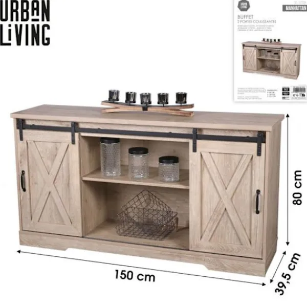 URBAN LIVING Sideboards>Bufféskåp i trä med skjutdörrar + 2 nischer "Manhattan" - - L 150 x P 39,5 x H 80 cm