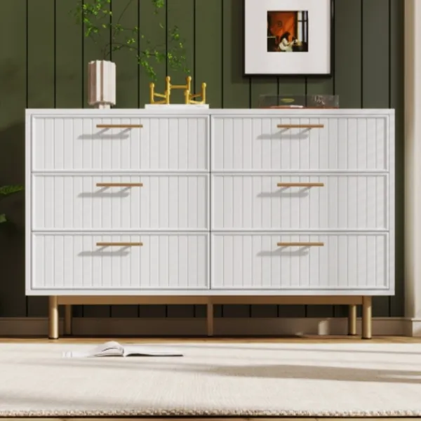 Byråer>Byrå med 6 lådor, vit skänk för sovrum och alla vardagsrum, vit -H75/B120/T40 cm