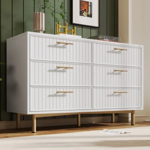 Byråer>Byrå med 6 lådor, vit skänk för sovrum och alla vardagsrum, vit -H75/B120/T40 cm