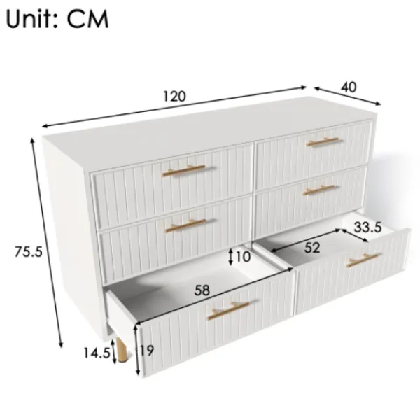Byråer>Byrå med 6 lådor, vit skänk för sovrum och alla vardagsrum, vit -H75/B120/T40 cm