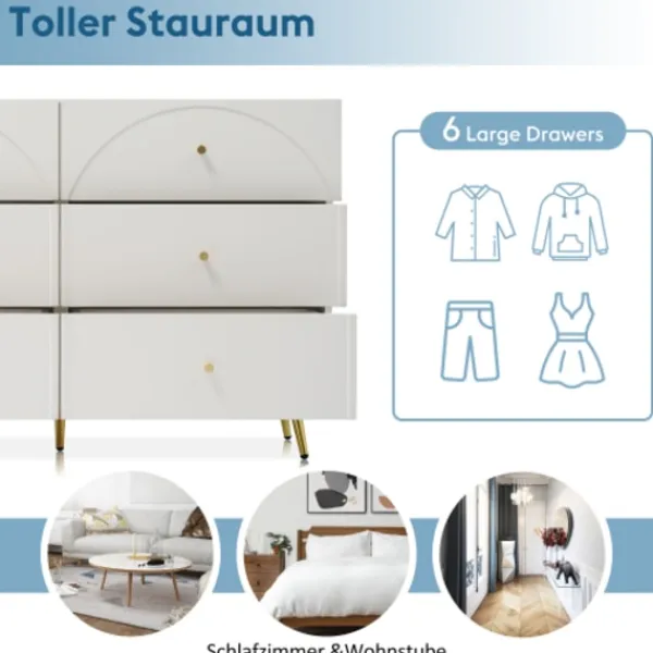 Byråer>Byrå med 6 lådor, vit skänk för sovrum och alla vardagsrum, krämvit -H85/B120/T40 cm